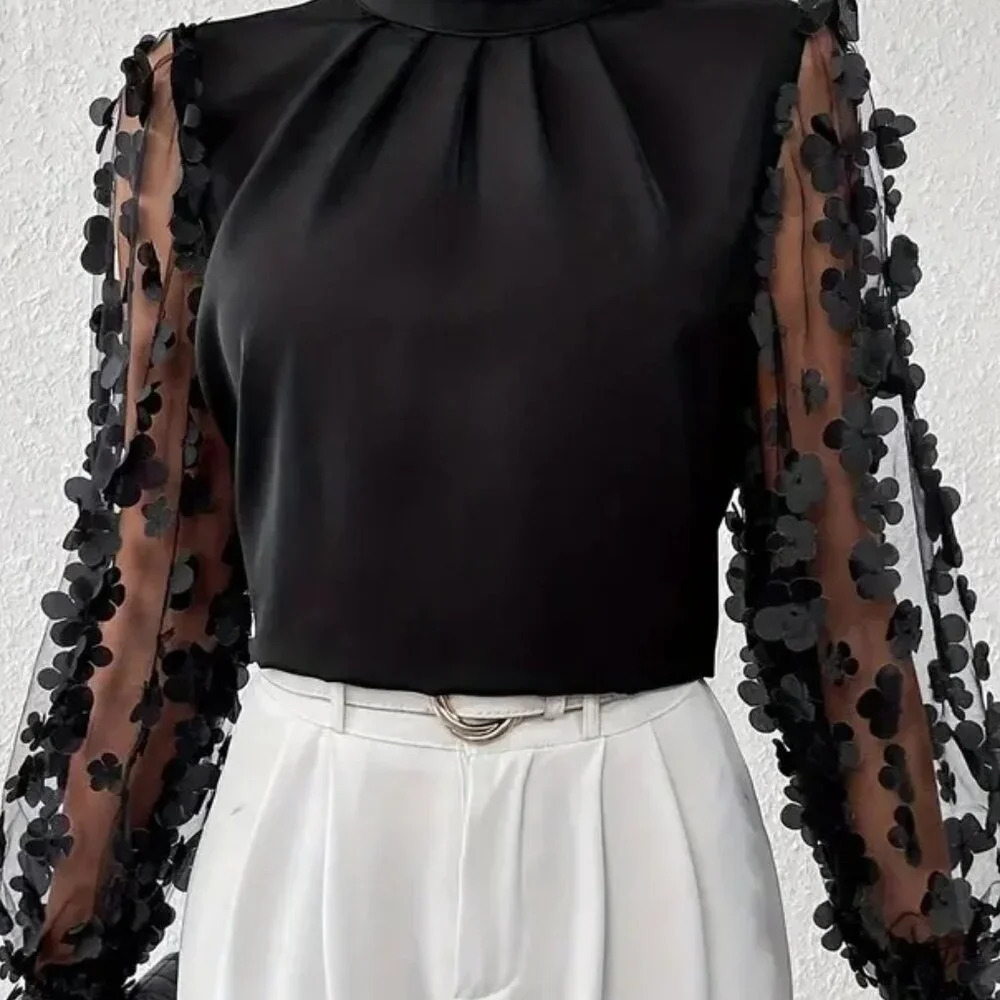 Elegant Floral Mock Neck Contrast Mesh Blouse - Picture 3 of 3